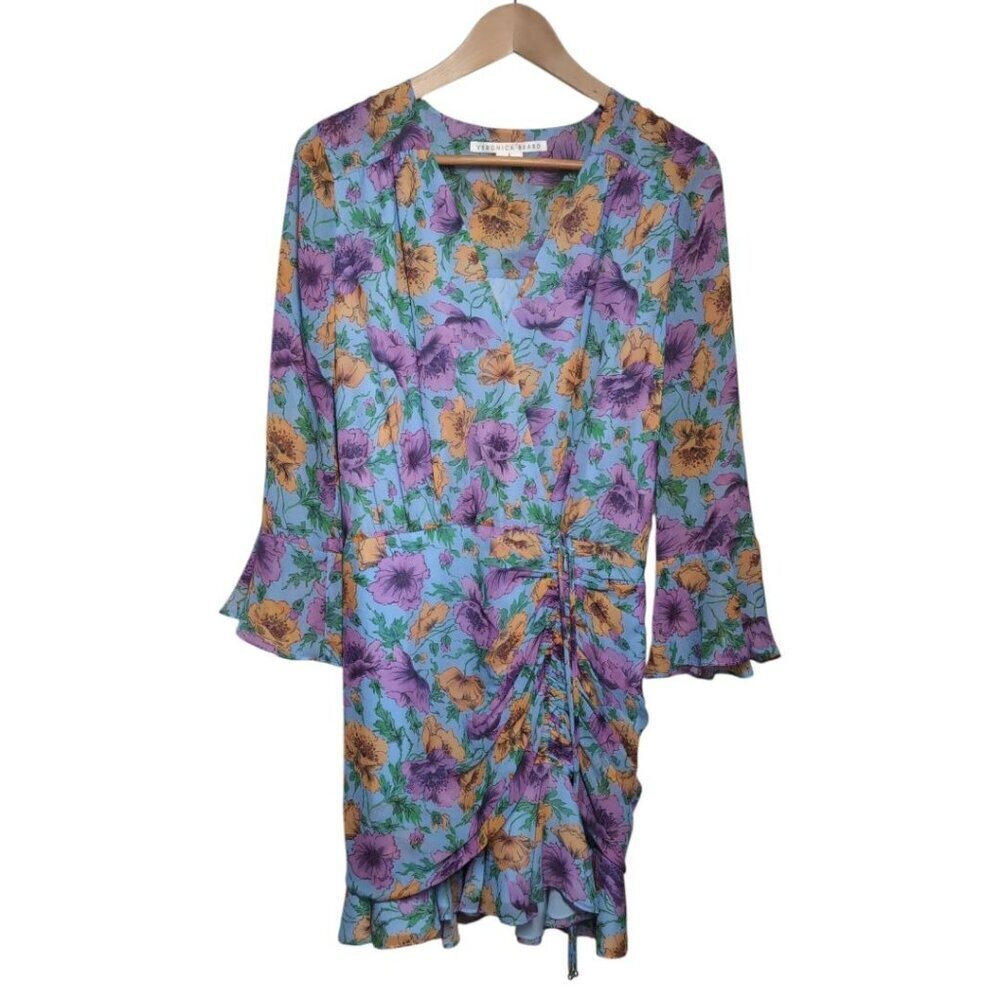 Veronica Beard Dress Sean Floral Printed Ruched Mini 100% Silk Size 4